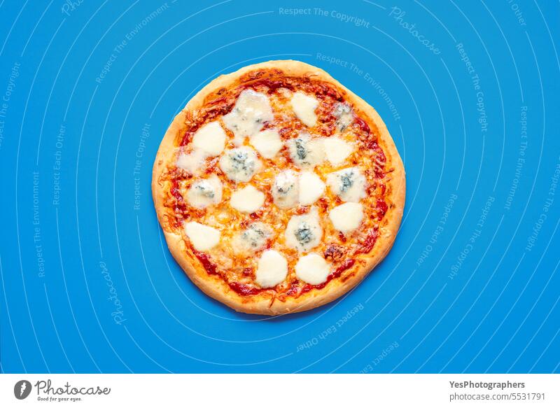 Homemade cheese pizza minimalist on a blue background above baked brie bright chart color colorful comfort crust cuisine delicious dinner dish eating fast food
