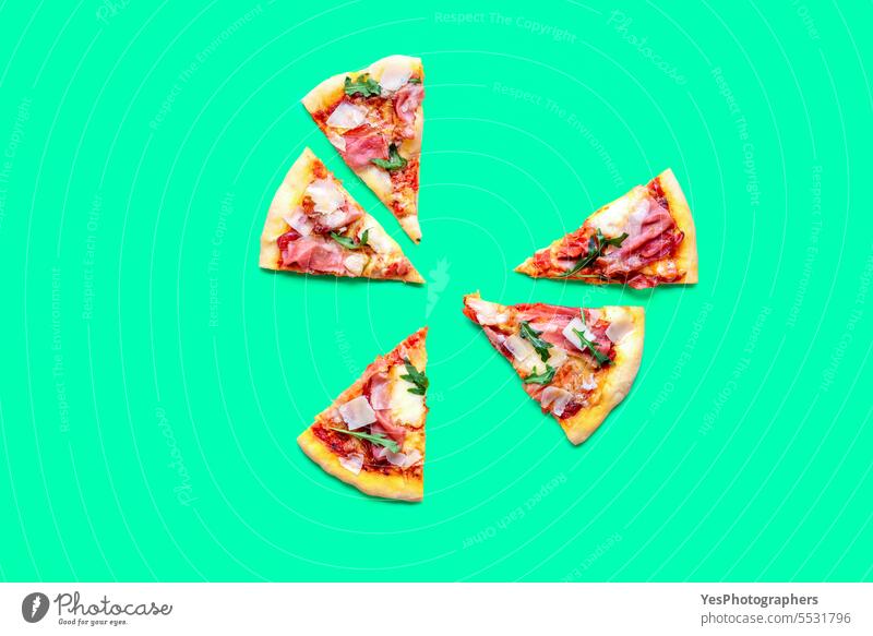 Pizza prosciutto slices minimalist on a green background above arugula baked bright chart cheese color colorful comfort crust cuisine delicious dinner eating