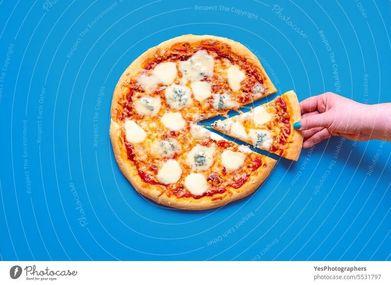 Pizza quattro formaggi, top view on a blue table above background baked brie bright chart cheese color colorful comfort crust cuisine delicious dinner dish