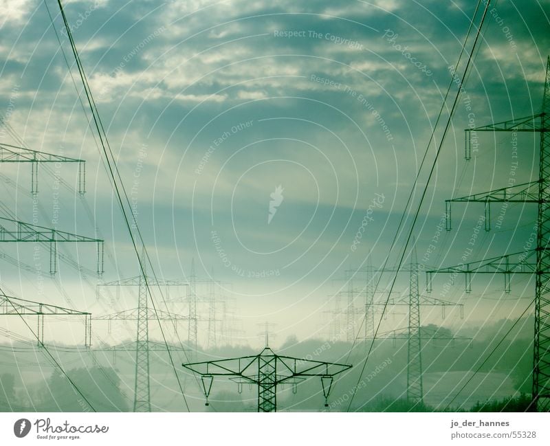 electricity Sky Power Horizon Smog Electricity Clouds Fog Green Tree blue cable cables North Pole power poles forest Transmission lines Electricity pylon