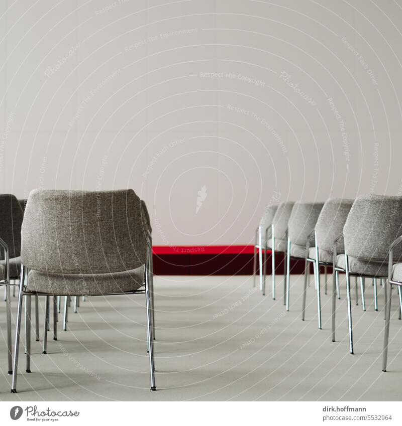 empty rows of chairs in a lecture hall with red stage Lecture theater Podium Chair rows Design Modern Free space above carry forward Auditorium lecture room