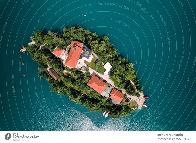 Island on the lake of Bled Slovenia in summer sunshine photographed by drone from above Lake Bled from on high Bird's-eye view Exterior shot Colour photo Nature