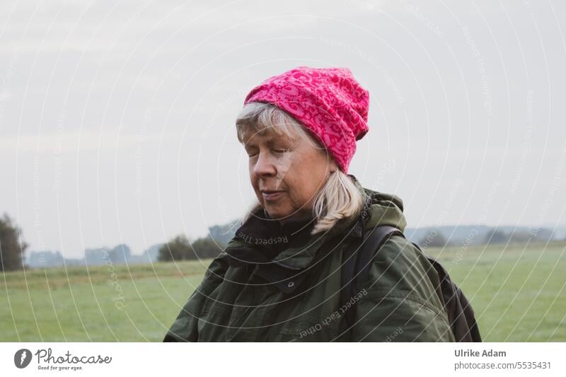 Wide land | Enjoy silence real people enjoying Retirement Gray-haired real life Cozy Senior citizen more adult grey hair Pensioner Woman contented fortunate