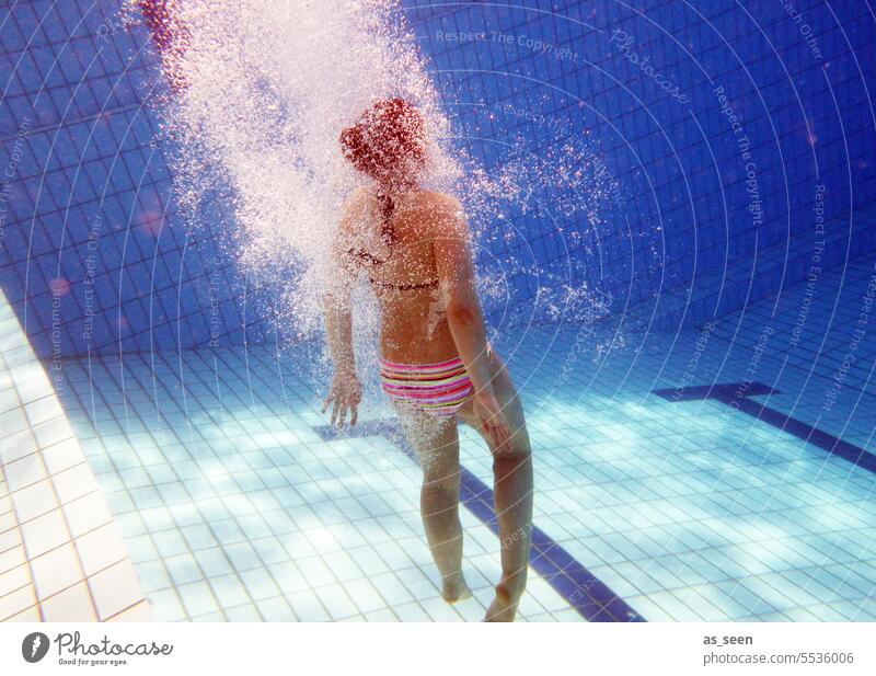 Woman under water Underwater photo jump blow jumped Dive go underground Bikini Swimming pool Sunlight Water Swimming & Bathing Blue Summer Blow Reflection