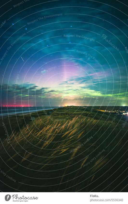 Northern lights over the dunes in Denmark northern lights Aurora Borealis aurora borealis Night Sky Nature Green Landscape Colour photo Stars Exterior shot
