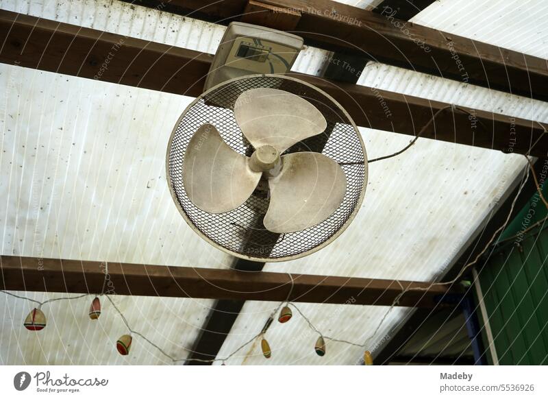 Old fan with protective grille in beige and natural colors in the party room of a clubhouse in the summer in the marina on the Moselle between vineyards in Traben-Trarbach in Rhineland-Palatinate in Germany