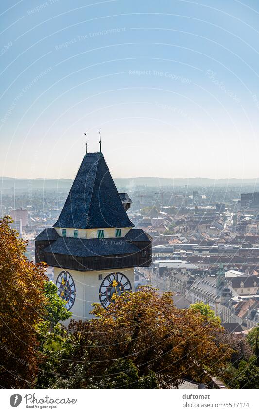 Panorama view from the castle hill over the clock tower down to Graz, Austria Vantage point Panorama (View) Sky Landscape Vacation & Travel Tourism Autumn