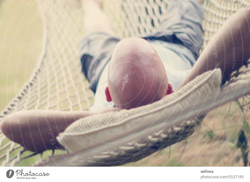 Summer dreamer Bald or shaved head Hammock relax Summery Baldy Man To swing free time vacation Human being