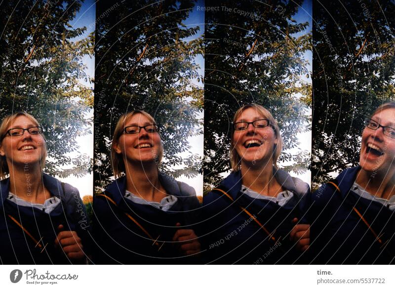 good mood in the parallel world Woman Laughter Good mood Eyeglasses Blonde Lomography Nature out Jacket Fir tree Fresh Looking into the camera romp amused