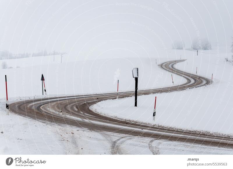 winter road Snow Winter Landscape Street Curve Transport Road traffic Cold Lanes & trails Traffic infrastructure Country road Nature trace StVO Target