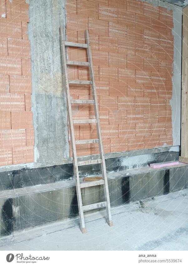 Way up Ladder Construction site brick brick wall Brick wall Wall (barrier) Wall (building) Concrete steps Room labour Rung