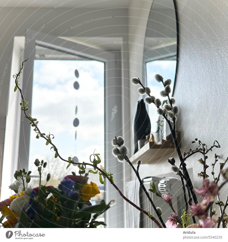 Little longing for spring 🌸 Spring Flat (apartment) French windows flowers room Window fresh air Bright pastel Mirror reflection Bouquet Decoration twigs Catkin