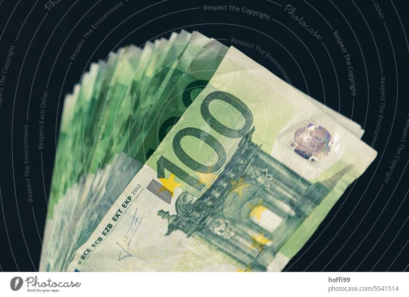 a stack of 100 € Euro notes 100 Euro Stack Money Loose change Bank note Euro symbol Many Rich Revenue Possessions Illegal earnings assets Luxury salary Amass
