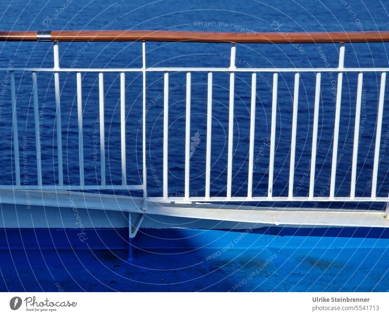 Railing of a ferry in the Mediterranean Water Ocean Mediterranean sea Ferry Transport ship Navigation Sardinia Blue White lines Vacation & Travel Watercraft