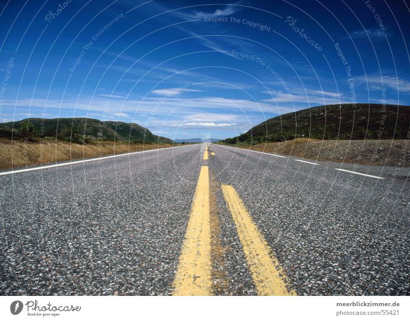 wanderlust Asphalt Right ahead Clouds Street Sky Mountain Perspective Line Blue Far-off places Traffic infrastructure
