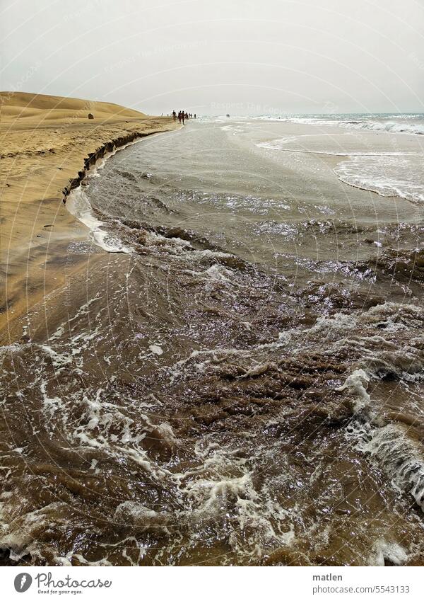 Tide on sandy beach High tide Sandy beach Sky Sun Beautiful weather sandpiper Ocean coast Waves Horizon whirlpools