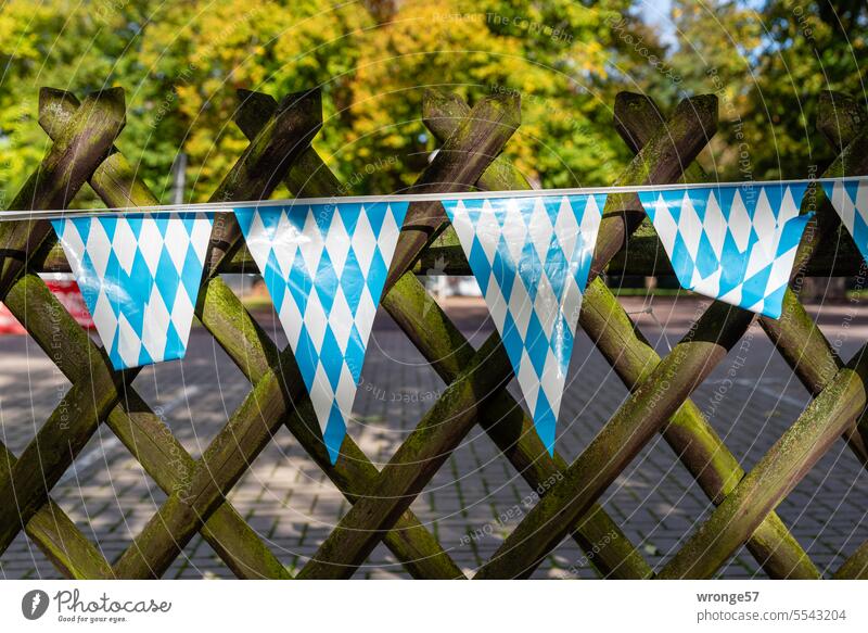 A blue and white pennant chain hangs on a hunter fence blue-white bavarian week Bavaria Bavarian Feasts & Celebrations Multicoloured Event hunting fence