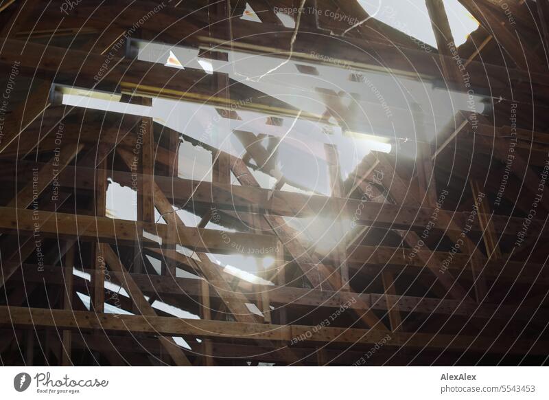 Double exposure - supporting structure of a roof/roof structure with translucent sunlight/roof window Roof Joist Roof beams Roof construction Structure Sunlight