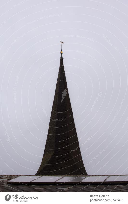 modern times: steeple behind solar modules Weather Dreary Gray Church spire Rooster Bad weather Rain Wet Gloomy Exterior shot Deserted Solar system
