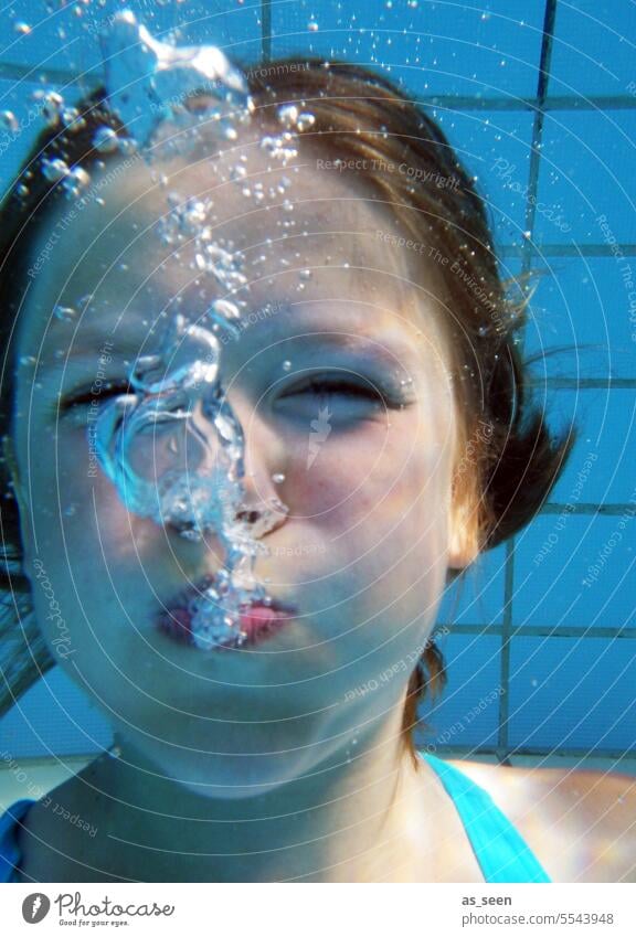 underwater Face Blow Bubble Air bubble fun Girl Joy Summer Blue Turquoise Swimsuit Swimming pool Dive Child Infancy be afloat Bathroom holidays Summer vacation