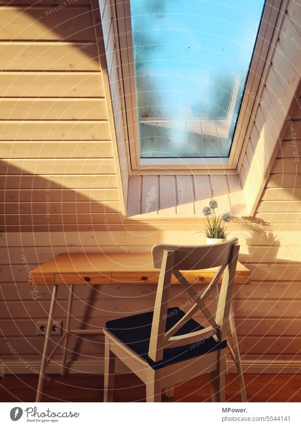 work in the attic Desk Attic story Chair Skylight Sunlight Reading Room Office study Wood Wood panelling Deserted Interior shot Colour photo Subdued colour