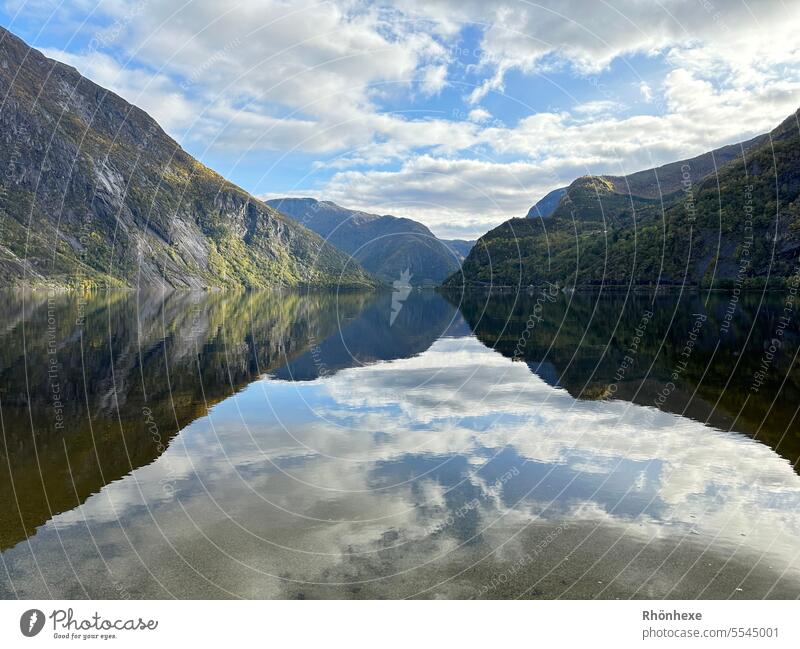 Reflection on a lake in Eidfjord Lake Water Nature Landscape reflection Exterior shot Calm Surface of water Water reflection Idyll Peaceful tranquillity