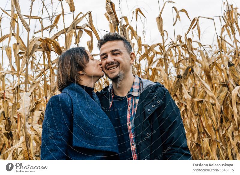 A woman kisses a man on the cheek during a romantic walk in a cornfield kissing happy smiling standing autumn couple affection love relationship outdoor