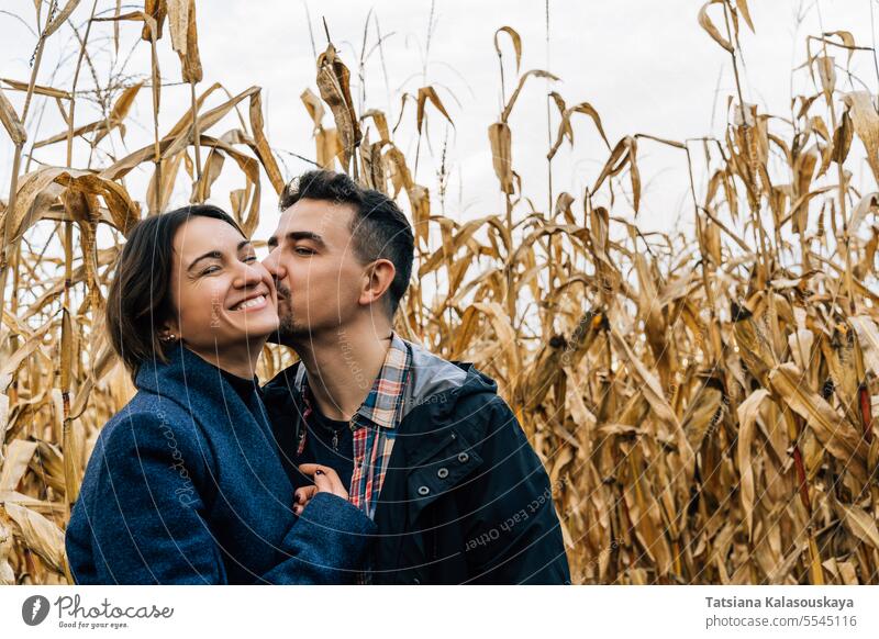 A man kisses a happy woman on the cheek while walking outside the city in a cornfield in autumn kissing smiling standing couple affection love relationship