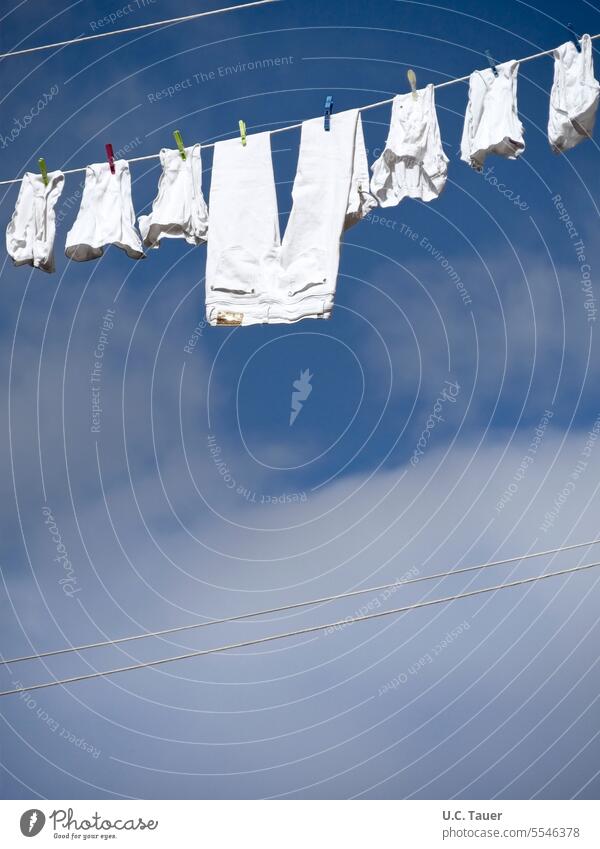 white (under)pants on clothesline against blue sky Underwear Pants Blue sky White dry laundry embarrassing Clothes peg Dry Laundry Clean Hang up Washing day