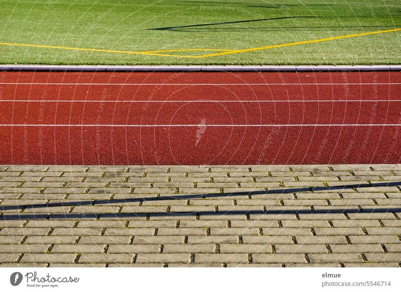 Parallel world I in the stadium - soccer field, plastic track and paved stone pathway Stadium football turf Artificial lawn Plastic sheet tartan track