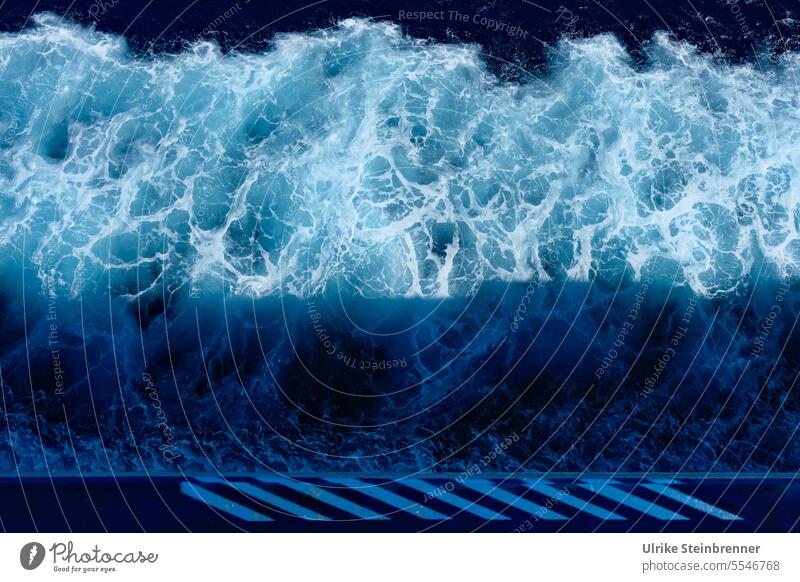 Lateral wake of a ferry in the Mediterranean Sea Wake Swirl Water Ocean Mediterranean sea Ferry Transport ship Navigation Sardinia Blue White Foam crowns