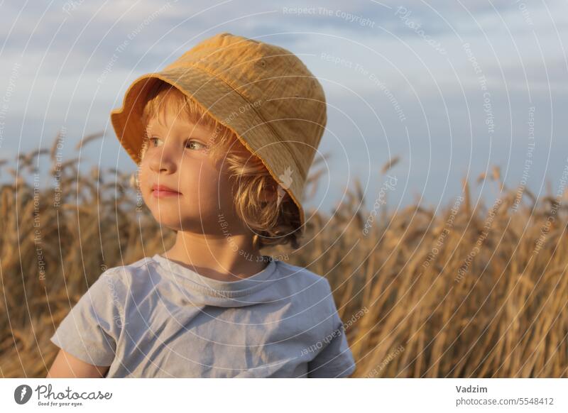 A little boy in a yellow Panama hat stands against the background of an agricultural field in the rays of the setting sun and looks to the left Grow ear ears