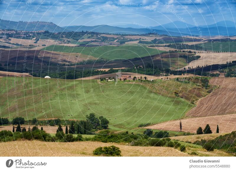 Rural landscape in Tuscany near Pienza Europe Italy Monticchiello Siena agriculture color country day farm field flower hill house nature photography rural