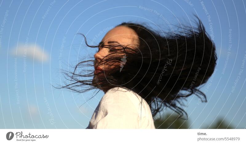 Woman with waving hair Feminine Hair and hairstyles sunny Rotate Movement dance Closed eyes Sky cloud Long-haired portrait Face Profile Joy devotion Dark-haired