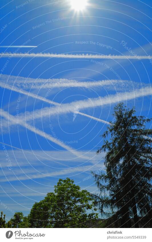 Contrails from airplanes in blue sky Vapor trail Airplane Sky Flying Tourism chemtrails Conspiracy Weather Climate Aviation Vacation & Travel Passenger plane