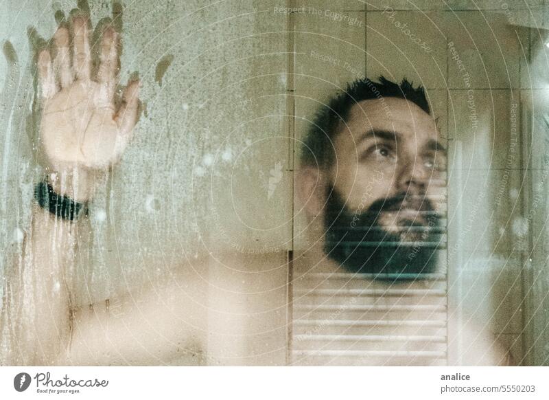 Man behind wet glass in shower male naked naked torso In the shower Wet wet hair Sadness Nostalgia Loneliness lonely silence Beard Glass Window despair