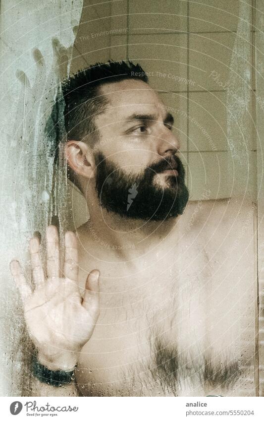 Man behind wet glass in shower male Naked naked torso In the shower Wet wet hair Sadness Nostalgia Loneliness lonely silence Beard Glass Window despair