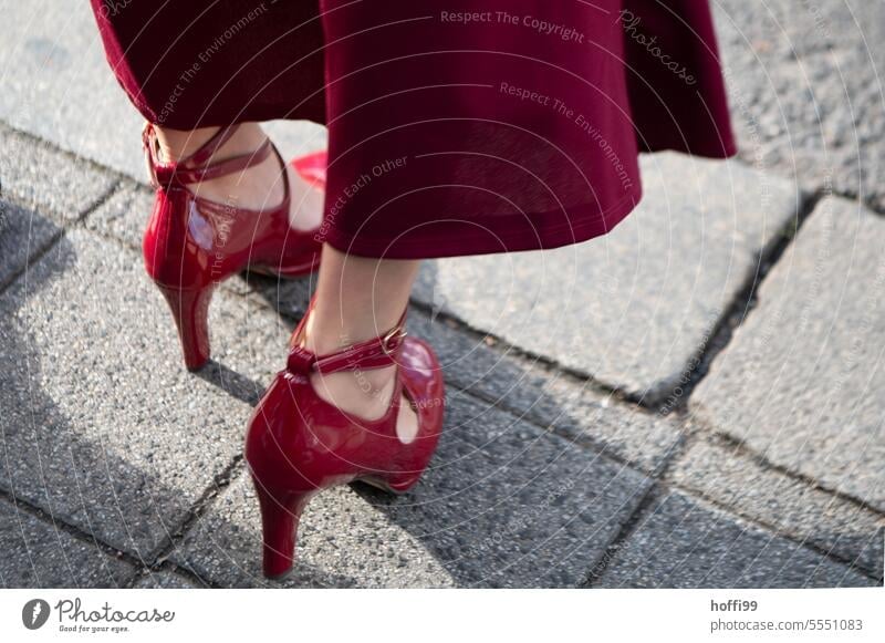 Tone on tone - the shoe with pants, please wait red shoes red trousers Red Footwear pumps Wait stop Legs Feet Asphalt Stand Pants Street Stockings High heels