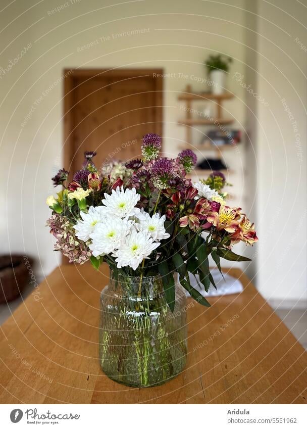 Bouquet of flowers on a wooden table Vase Table late summer Autumn Brown Dining room Kitchen Flat (apartment) House (Residential Structure) Decoration Flower