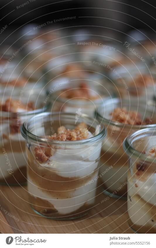 Apple sour cream with crunch in glass Dessert Portion Apple puree Crunch Cinnamon Cream Delicious cute Desserts catering Eating Gastronomy