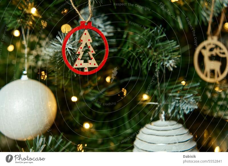 Decorated Christmas tree christmas new year composition decoration garland fir ball festive holiday background creative winter merry celebration season postcard