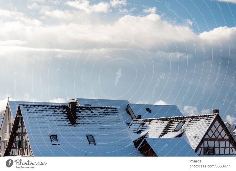 Winter in the village Half-timbered house House (Residential Structure) Village Half-timbered facade Snow Tradition Calm White Cold Beautiful weather