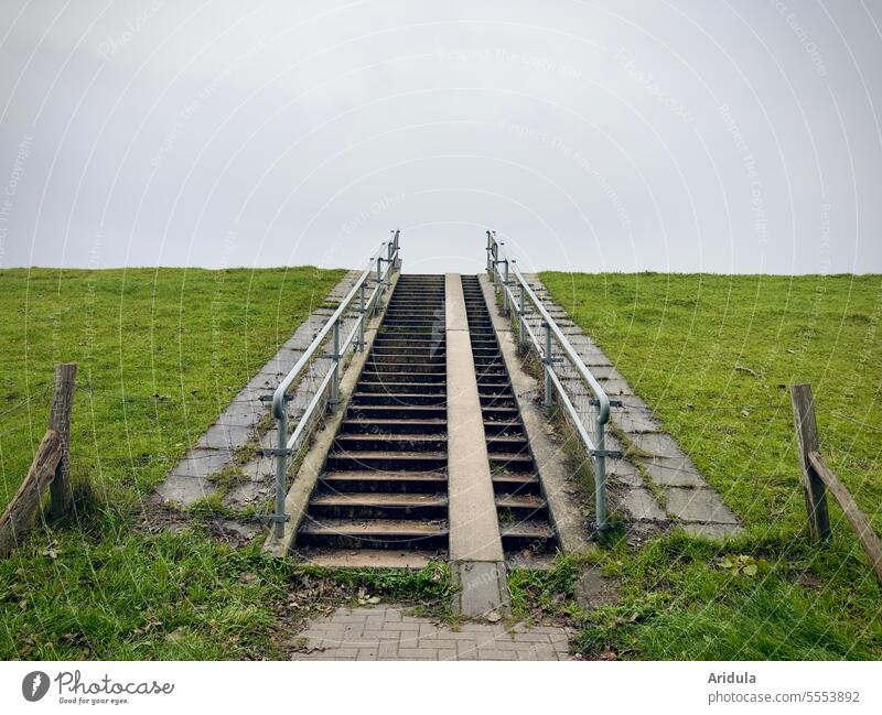 Stairs over dike Dike Green Meadow stagger Baltic Sea Protection flood protection coast Schleswig-Holstein Ocean Nature Landscape Beach Fence Banister
