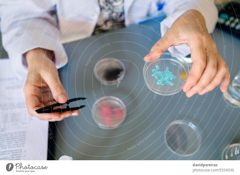 Unrecognizable female scientist showing blue glitter in facial cream sample over petri dish on lab unrecognizable holding micro plastic laboratory woman chemist