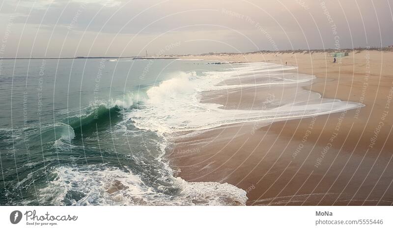 Wave on the beach Ocean Waves Water Blue Sand Beach Loneliness Portugal Dynamics Landscape format Beige Nature Sky Horizon travel Esthetic Beauty & Beauty