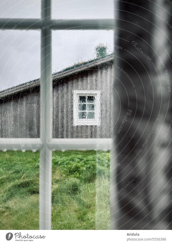 View from the window of a wooden house in the rain Window Rain raindrops Rainy weather Wet Lattice window Wooden house Dreary Gloomy Bad weather Drops of water