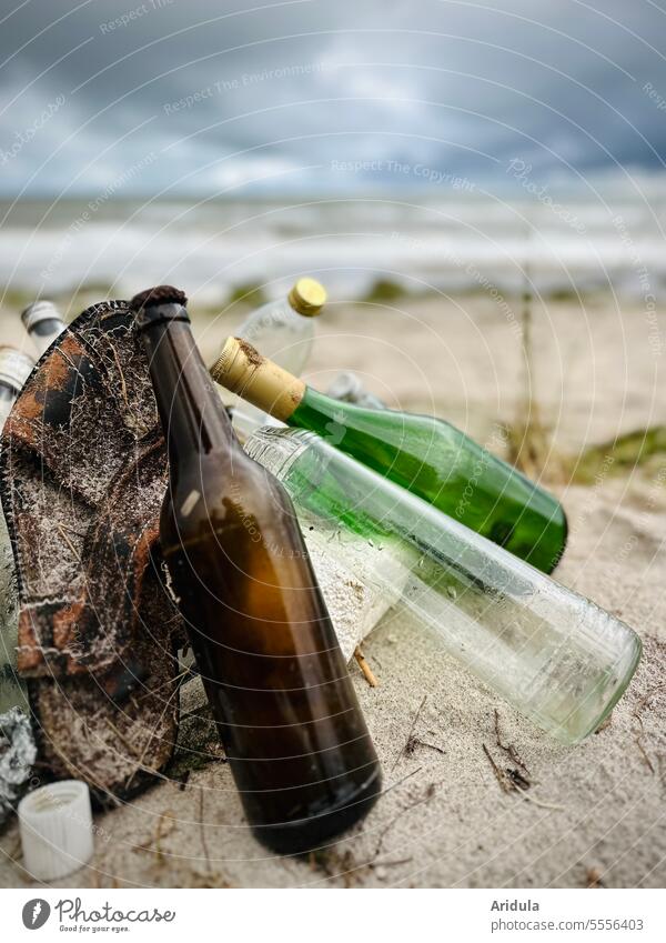 Collected garbage, especially glass bottles, on the Baltic Sea beach No. 3 Trash amass soiling Environment waste ecology Recycling Disposal Plastic