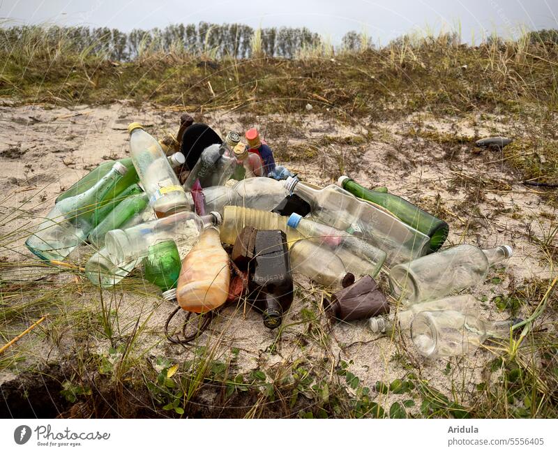 Collected garbage, especially glass bottles, on the Baltic Sea beach No. 4 Trash amass soiling Environment waste ecology Recycling Disposal Plastic
