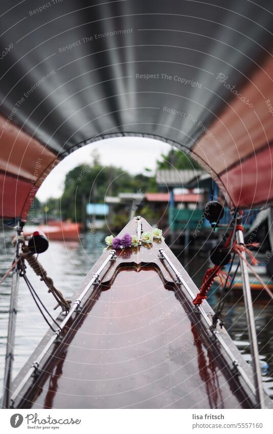 BOAT TOUR - BANGKOK SENDS ITS REGARDS longtail boat Boating trip Bangkok Thailand Water houses roofed flower chain Exterior shot Vacation & Travel Trip Summer