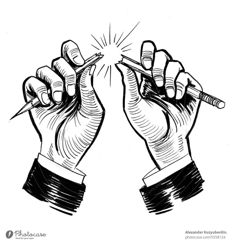 Hands breaking a pencil. Ink black and white drawing anger anxiety art business caricature engraving frustrated frustration hand isolated journalism nervous